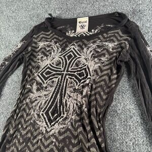 Vocal USA Shirt Women Small Black Charcoal Rayon Chevron Rhinestones Cross Logo